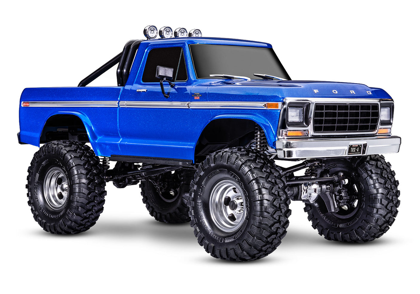 Traxxas TRX-4 Ford F-150 High Trail Edition RC truck with blue body and detailed front and side view.