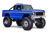 Traxxas TRX-4 Ford F-150 High Trail Edition RC truck with blue body and detailed front and side view.