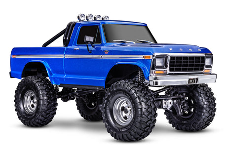 Traxxas TRX-4 Ford F-150 High Trail Edition RC truck with blue body and detailed front and side view.