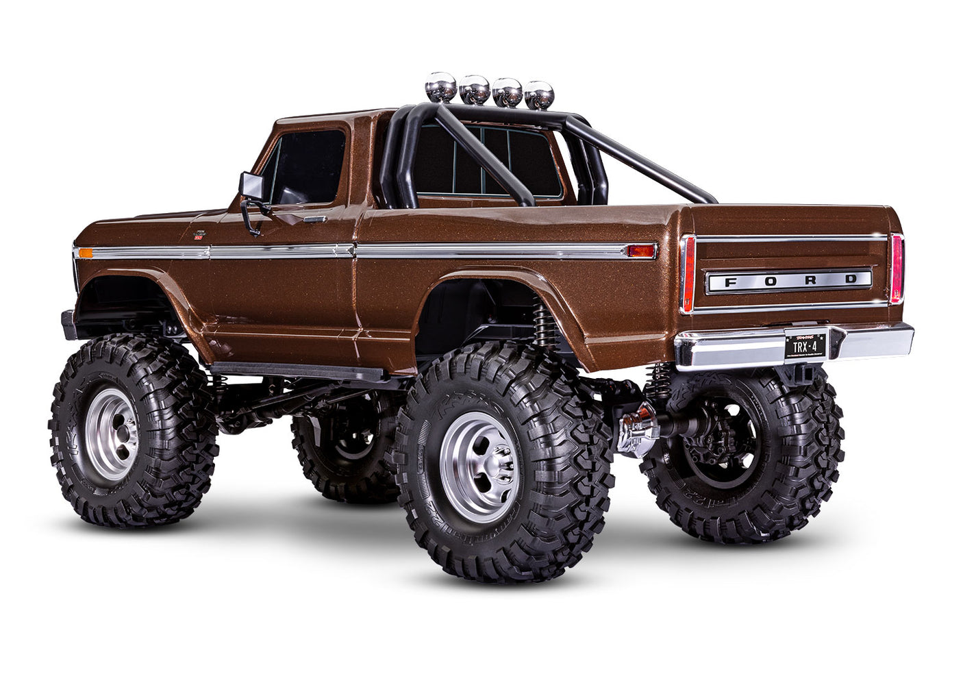 Traxxas TRX-4 Ford F-150 High Trail Edition RC truck rear view with brown body and detailed rugged design.