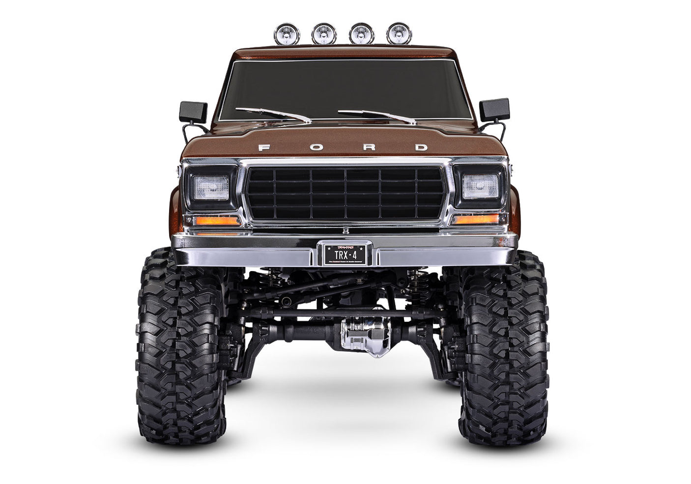 Traxxas TRX-4 Ford F-150 High Trail Edition RC truck front view with detailed brown body and off-road tires