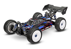 Traxxas Jato 4X4 VXL 4S RC truck with blue body and detailed front view, showcasing its powerful design and vibrant color.