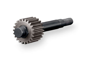 Traxxas 22-tooth steel transmission input gear and shaft for RC car, showing detailed metal construction and gear teeth.