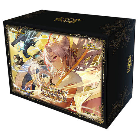 Weebs of the Shore Grand Archive TCG Radiant Origins 1st Edition Booster Box with colorful packaging and booster packs inside.