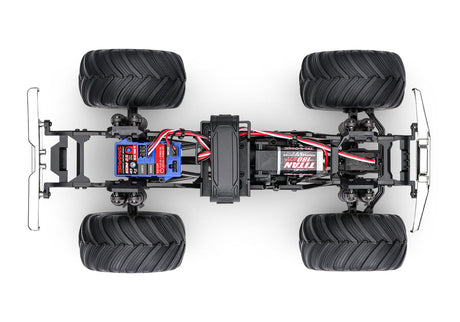 Overhead view of Traxxas TRX-4MT Ford F-150 RC monster truck chassis showing detailed build and rugged design.
