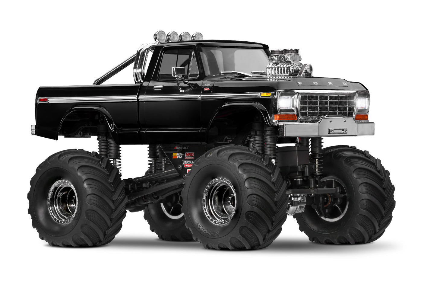 Traxxas TRX-4MT Ford F-150 RC monster truck shown from a three-quarter front view, featuring black body and detailed design.