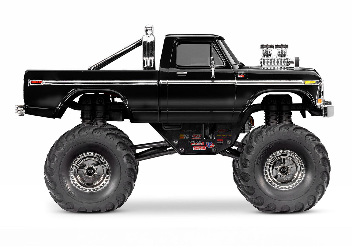 Traxxas TRX-4MT Ford F-150 RC Monster Truck side view, black off-road RC car with detailed body and rugged tires.