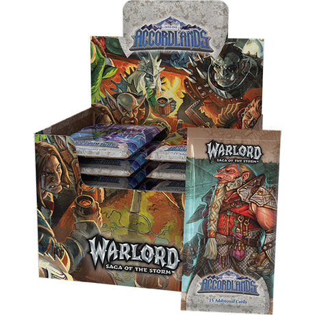 Kingswood Games Warlord CCG Saga of the Storm Into the Accordlands booster box with colorful card packaging and artwork.