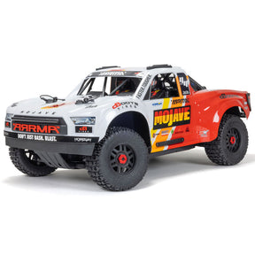 ARRMA 1/8 Mojave 4S 4X4 RTR desert truck shown with rugged off-road tires and detailed desert vehicle design.
