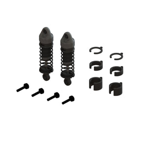 ARRMA 58mm oil-filled shock set for Typhon GROM, shown with two shocks featuring black springs and metal bodies.