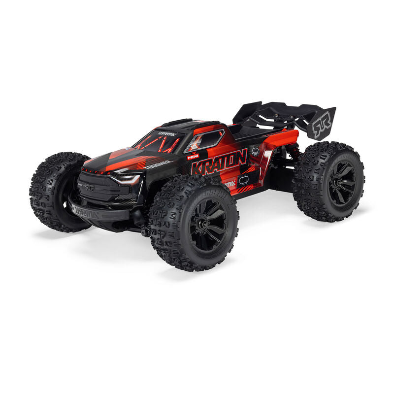 ARRMA 1/16 Mini Kraton 3S RC truck in black with detailed exterior and off-road tires, ready for rugged terrain.
