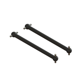 Pair of ARRMA 50mm dogbones for RC cars, showing metal drive shafts with detailed joints and black rubber boots.