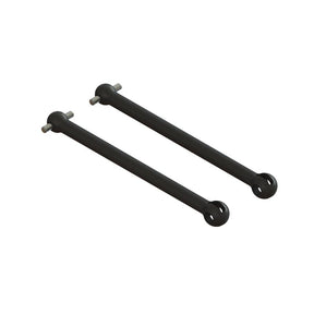 Pair of ARRMA CVD driveshafts, 50mm length, featuring durable metal construction for RC car performance, shown on a white background.