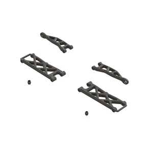 ARRMA GROM rear suspension arm set showing black metal arms with mounting points for remote control car repair.