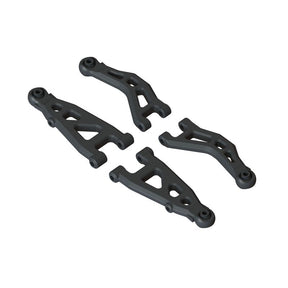 ARRMA GROM front suspension arm set B with multiple black plastic arms and metal mounting points for RC car suspension.