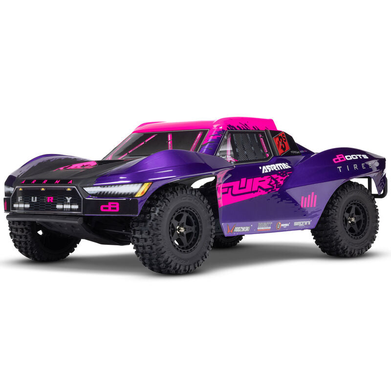 ARRMA 1/10 scale Fury 223S DSC 2WD RTR brushless short course truck with detailed blue and black body and large off-road tires.