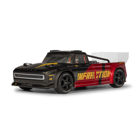 ARRMA 1/8 Infraction 223S RC truck with sleek design and bright blue and black body, detailed chassis visible in the image.