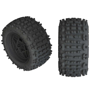 Pair of ARRMA Backflip LP 4S 3.8-inch black glued tires for remote control cars, showing tread detail and sidewall branding.