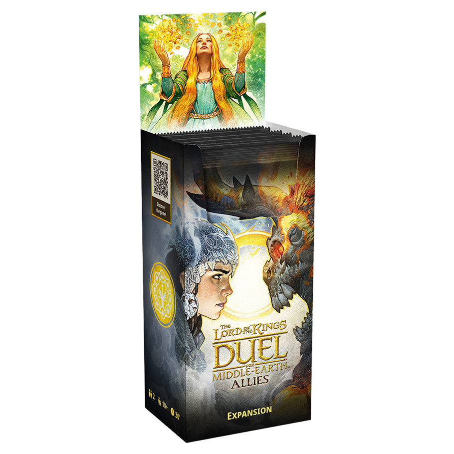 3D box image of The Lord of the Rings Duel for Middle-Earth Earth Allies Expansion by Asmodee, showing game box and artwork.