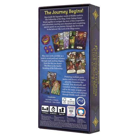 Back of The Fellowship of the Ring Trick-Taking card game by Asmodee, featuring artwork and game branding on the box.