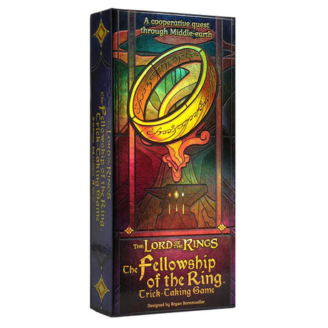 Asmodee The Fellowship of the Ring trick-taking card game box featuring detailed Tolkien-themed artwork and game components.