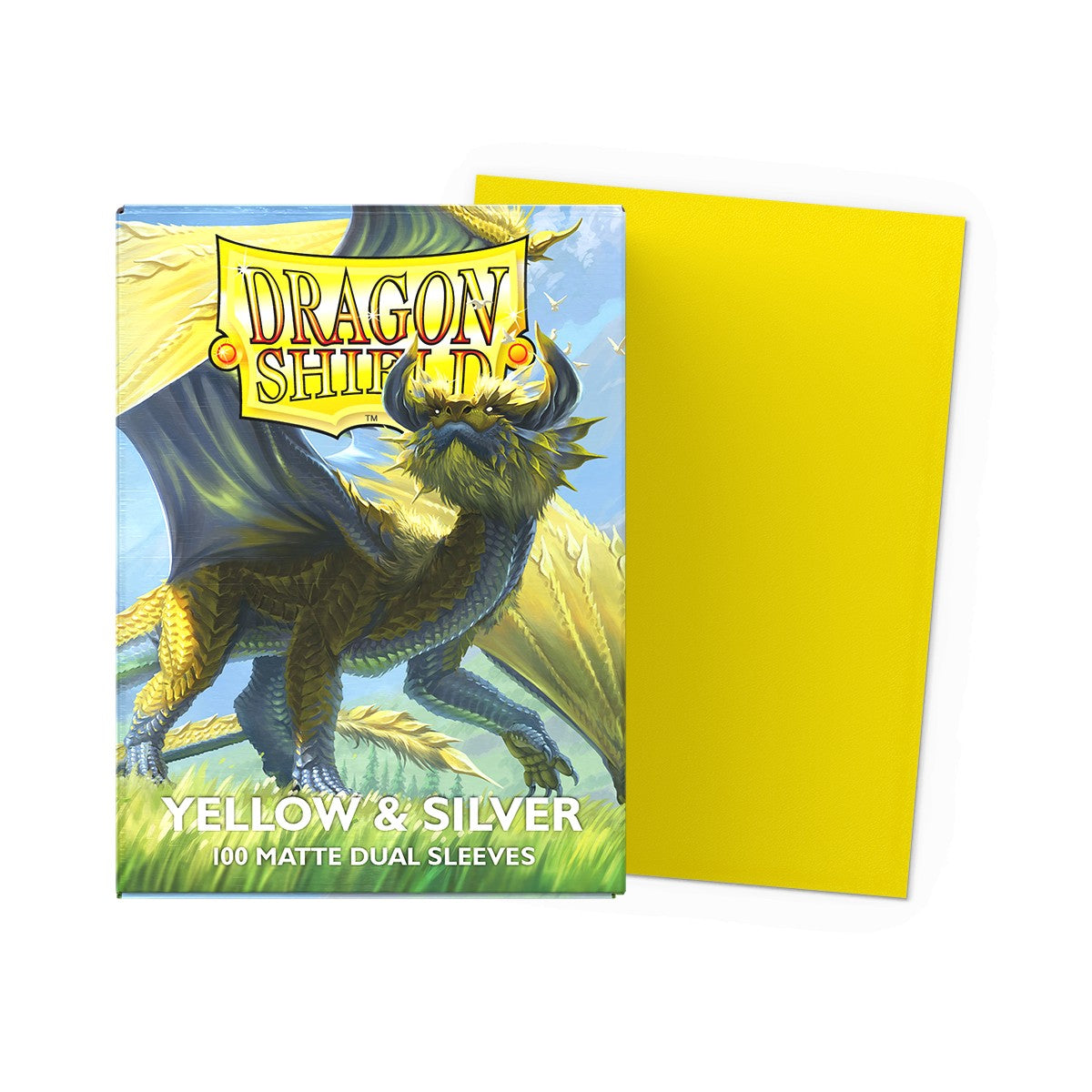 Yellow and silver dual matte standard card sleeves by Dragon Shield, featuring a protective design for trading cards.