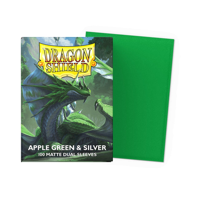 Dragon Shield Apple Green and Silver dual matte card sleeves, standard size, designed for protecting trading or playing cards.