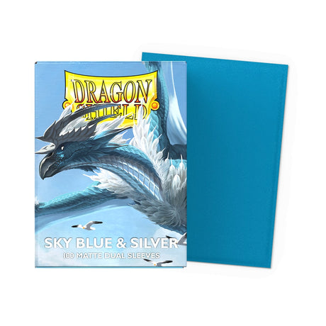 Sky blue and silver Dragon Shield standard card sleeves with dual matte finish for trading card protection.