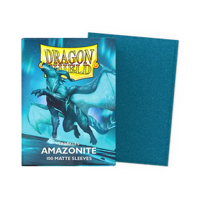 Dragon Shield Amazonite standard sleeves for trading cards, featuring vibrant blue-green marbled design and clear protective edges.