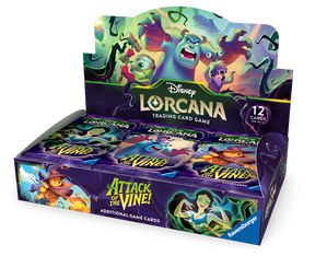 Lorcana TCG Attack of the Vine! booster box featuring colorful card artwork and packaging for the trading card game.