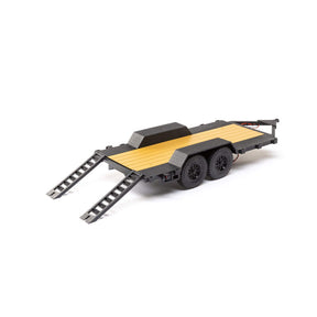 Axial SCX24 flat bed vehicle trailer with LED taillights, detailed miniature RC trailer for off-road models.