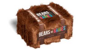 Illustration of Bears vs Babies game box featuring colorful bears and babies, with shadows and vibrant artwork by Exploding Kittens.