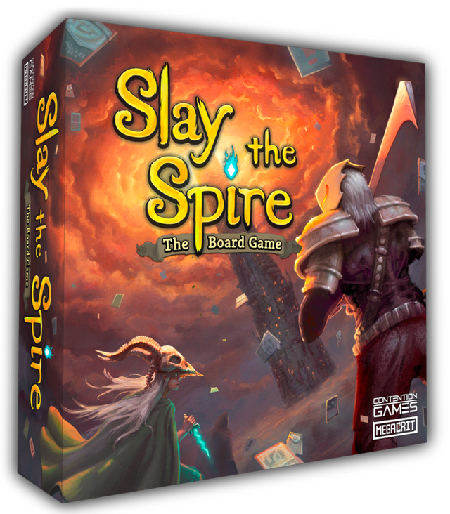 Box of Slay the Spire: The Board Game by Contention Games, featuring colorful artwork and game title on the front.