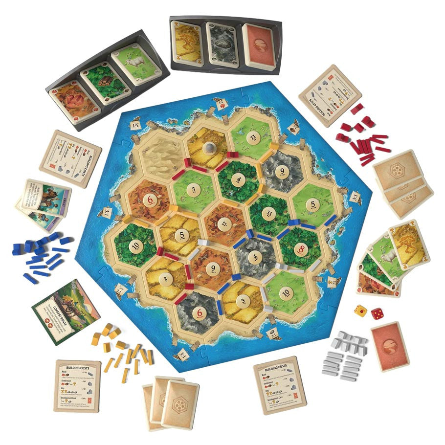 Catan 6th Edition game box by Catan Studio featuring colorful island map and resource tokens on the cover.