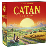 3D image of the Catan 6th Edition board game box by Catan Studio, featuring colorful island terrain and game title.