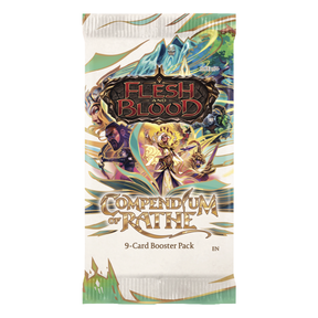 Flesh and Blood: Compendium of Rathe booster pack of collectible trading cards by Legends Story Studios, featuring vibrant card artwork.
