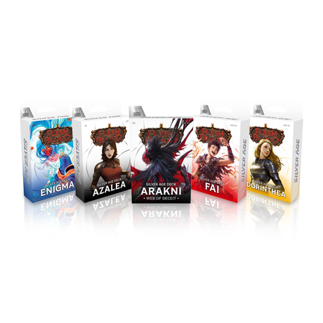 Flesh and Blood Silver Age Chapter 2 Starter Decks collectible trading cards by Legends Story Studios, featuring vibrant card artwork.
