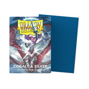 Dragon Shield cobalt and silver dual matte standard card sleeves, featuring a sleek design and durable material for card protection.
