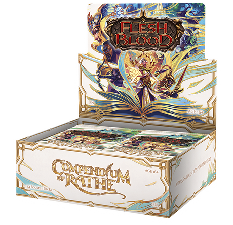 Flesh and Blood Compendium of Rathe booster box of collectible trading cards from Legends Story Studios, featuring vibrant artwork.