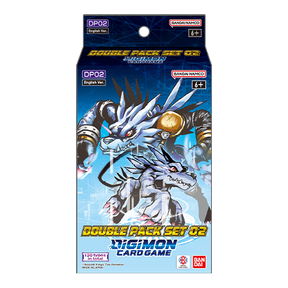 Two Digimon TCG cards from the Bandai Exceed Apocalypse Double Pack DP02 set, featuring vibrant artwork and game details.