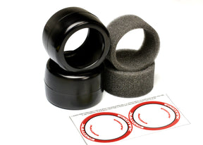 Exotek Racing F1 1/10 RC car rear rubber tires 28X Double Red-Super Soft, showing textured tread and sidewall details