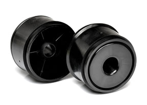 Pair of Exotek Racing F1 1/10 scale front disk wheels for RC car tires, shown on a remote control car.