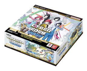 Bandai Digimon TCG Cyber Eden Booster Box showing colorful booster pack artwork and packaging for the Digimon Card Game.