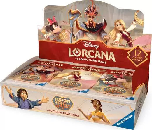 Lorcana TCG Reign of Jafar Booster Box with 24 booster packs featuring Disney Jafar-themed trading cards.
