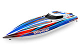 Blue Traxxas Disruptor 26-inch 4S RC boat with sleek design and powerful VXL motor, ready for high-speed water adventures.