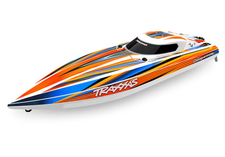Orange Traxxas Disruptor 26-inch 4S boat with sleek design and powerful motor, ready for high-speed water adventures.