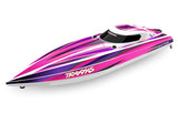 Pink Traxxas Disruptor 26-inch 4S boat with sleek design and powerful VXL motor, ready for high-speed water adventures.