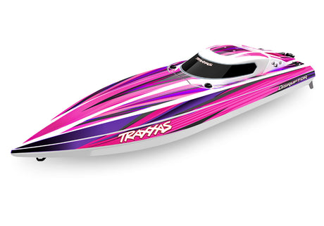 Pink Traxxas Disruptor 26-inch 4S boat with sleek design and powerful VXL motor, ready for high-speed water adventures.