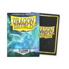 Dragon Shield Matte Clear Standard Sleeves for cards, featuring transparent matte finish, ideal for protecting and organizing trading cards.