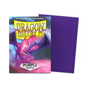 Purple matte Dragon Shield standard card sleeves, durable protective card supplies for trading card games.